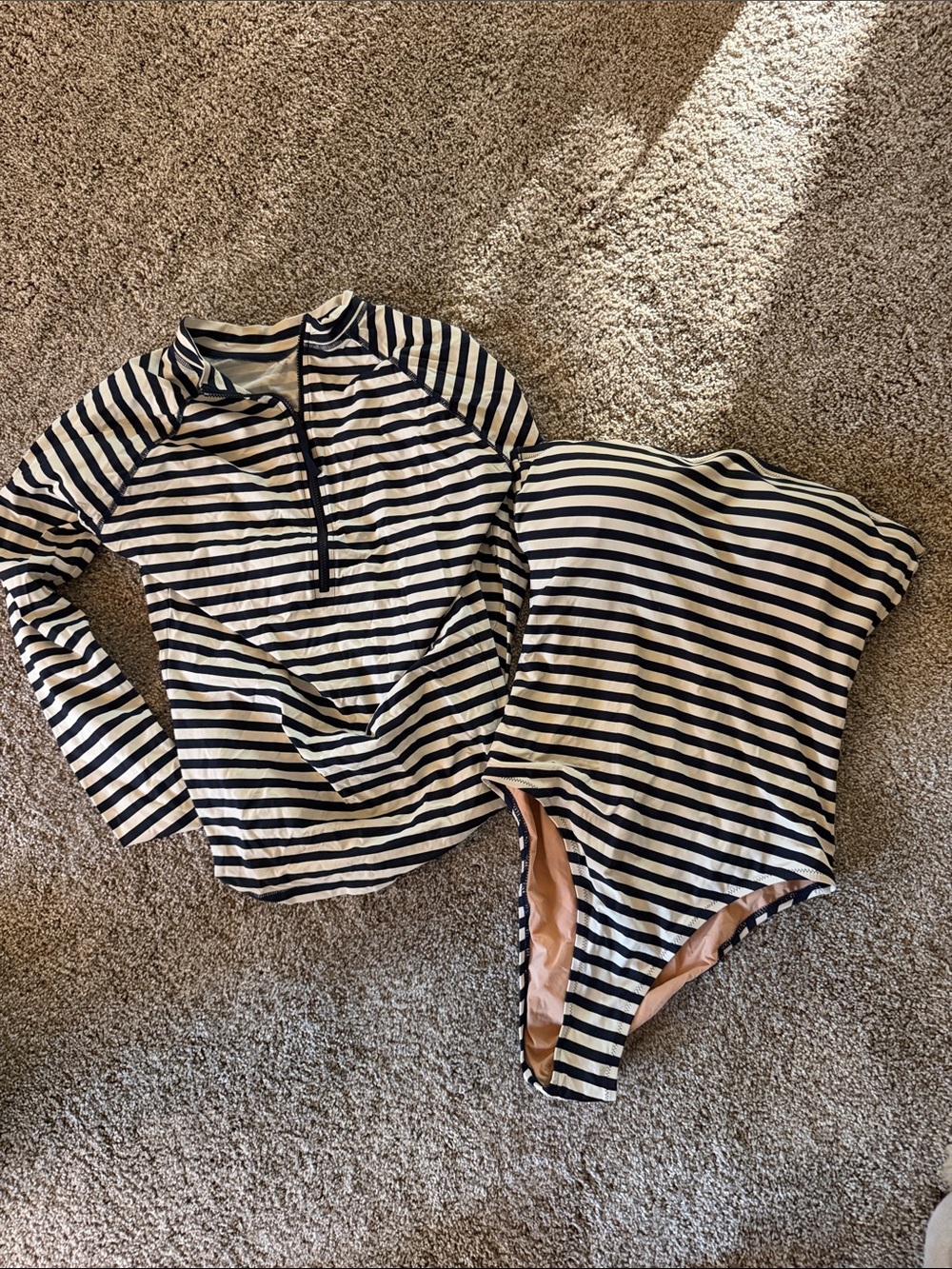 J. Crew Navy and White Striped Swim Suit with matching rash guard
